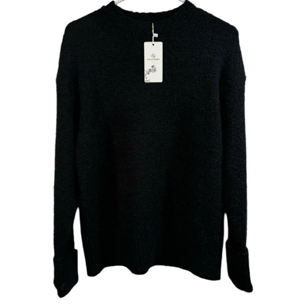 NWT LILLUSORY Womens Small Black Sweater Fuzzy Chunky Warm Pullover Comfortable - Picture 2 of 7